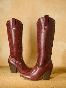 Tropiscape 女士西部牛仔靴 性感过膝刺绣红色时尚拉链西部靴 套穿尖头粗跟乡村长靴 圣诞礼物 - 酒紅色 - 查看 2