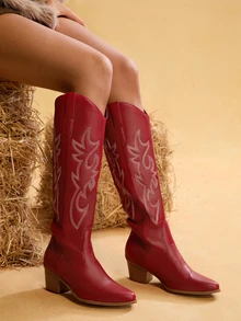 Tropiscape بوت كاوبوي بكعب سميك وأصبع حاد، بطرز غربي، هدايا عيد الميلاد 2025 موضة الخريف/الشتاء الجديدة