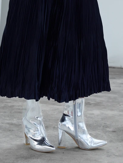 CHICVUE 2025 Yeni Moda Sivri Burun Kalın Topuk Metalik Gümüş Seksi Bilek Botları Kadınlar İçin Noel Hediyeleri