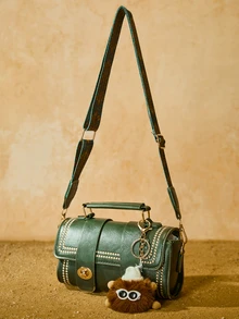 Tropiscape 1pc Retro Mini Barrel Handbag For Women, Daily Use (With Fur Decor) Gifts Cottagecore,SummerOutfit - Dark Green - View 2