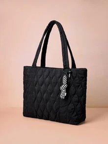 Hatastic 2-In-1 Quilted Tote Bag With Accessory Pendant, Large Capacity Shoulder Bag, Suitable For Women, Casual, Work, School, Lightweight, Foldable, Zipper Closure, Black, Tote Bags For Students, Multiple Compartments, Perfect For Beach, School, Work & Daily Use, Literary School Bag & Bookbag For Women Or Students, Perfect For Books, Shopping, Back To School And More, Street & Japanese Bag For Women Gifts Music Fest - Black - View 3