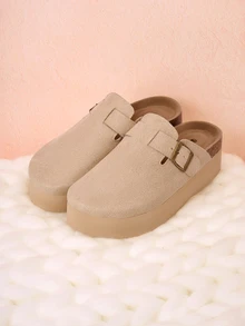 Hatastic 女士时尚休闲厚底乐福鞋，半包头宽松平底鞋，春秋季，穆勒鞋礼品，音乐节 - 卡其 - 查看 1