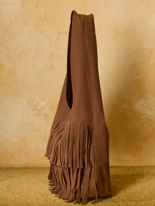 Tropiscape Túi đeo vai/túi dưới cánh tay cỡ trung bình, nhẹ, kiểu dáng vintage bằng da lộn với tua rua, màu đỏ tía, nâu, cà phê, thiết kế độc đáo năm 2024, phong cách thời trang Mỹ, phù hợp cho phụ nữ và bé gái, túi tote dung tích lớn, quà tặng phong cách Cottagecore, trang phục mùa hè. - Cà phê nâu - Xem 2