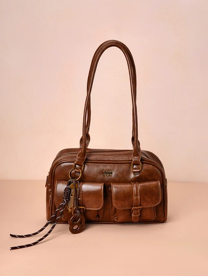 Hatastic Fashion Classic Joker Solid Color Pu Waterproof Fabric, Letter Pattern Decoration Design, Multi-Pocket, Shell Bag, Shoulder Bag, Underarm Bag With Pendant Decoration Design, Suitable For Traveling And Shopping, Commuting To Work, Party, Date, And New Year Wear. Gifts