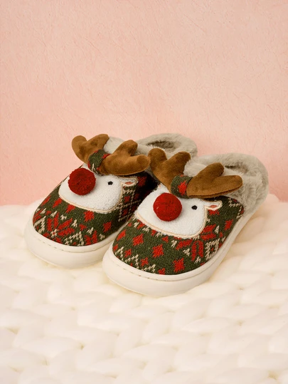 Hatastic 女士可爱驯鹿保暖厚底拖鞋，毛茸茸室内外秋冬家居拖鞋，随机印花音乐节礼物