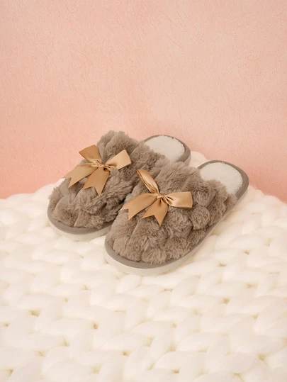 Hatastic Kadınlar İçin Basit Günlük Sevimli Fiyonklu Peluş Terlik, Kapalı Burun, Hafif Yumuşak Tabanlı Ev Terliği, Sıcak Astar, Oturma Odası ve Yatak Odası İçin Uygun, Sonbahar/Kış, Noel Hediyeleri