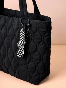 Hatastic 2-In-1 Quilted Tote Bag With Accessory Pendant, Large Capacity Shoulder Bag, Suitable For Women, Casual, Work, School, Lightweight, Foldable, Zipper Closure, Black, Tote Bags For Students, Multiple Compartments, Perfect For Beach, School, Work & Daily Use, Literary School Bag & Bookbag For Women Or Students, Perfect For Books, Shopping, Back To School And More, Street & Japanese Bag For Women Gifts Music Fest - Black - View 5