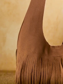 Tropiscape Túi đeo vai/túi dưới cánh tay cỡ trung bình, nhẹ, kiểu dáng vintage bằng da lộn với tua rua, màu đỏ tía, nâu, cà phê, thiết kế độc đáo năm 2024, phong cách thời trang Mỹ, phù hợp cho phụ nữ và bé gái, túi tote dung tích lớn, quà tặng phong cách Cottagecore, trang phục mùa hè. - Cà phê nâu - Xem 5
