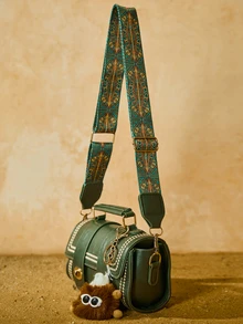 Tropiscape 1pc Retro Mini Barrel Handbag For Women, Daily Use (With Fur Decor) Gifts Cottagecore,SummerOutfit - Dark Green - View 3