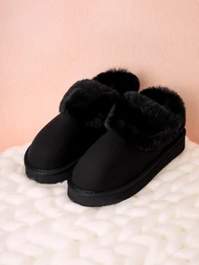 Hatastic 2025秋冬新款厚底坡跟中筒雪地靴，女士毛绒靴，圣诞礼物 - 黑色 - 查看 1