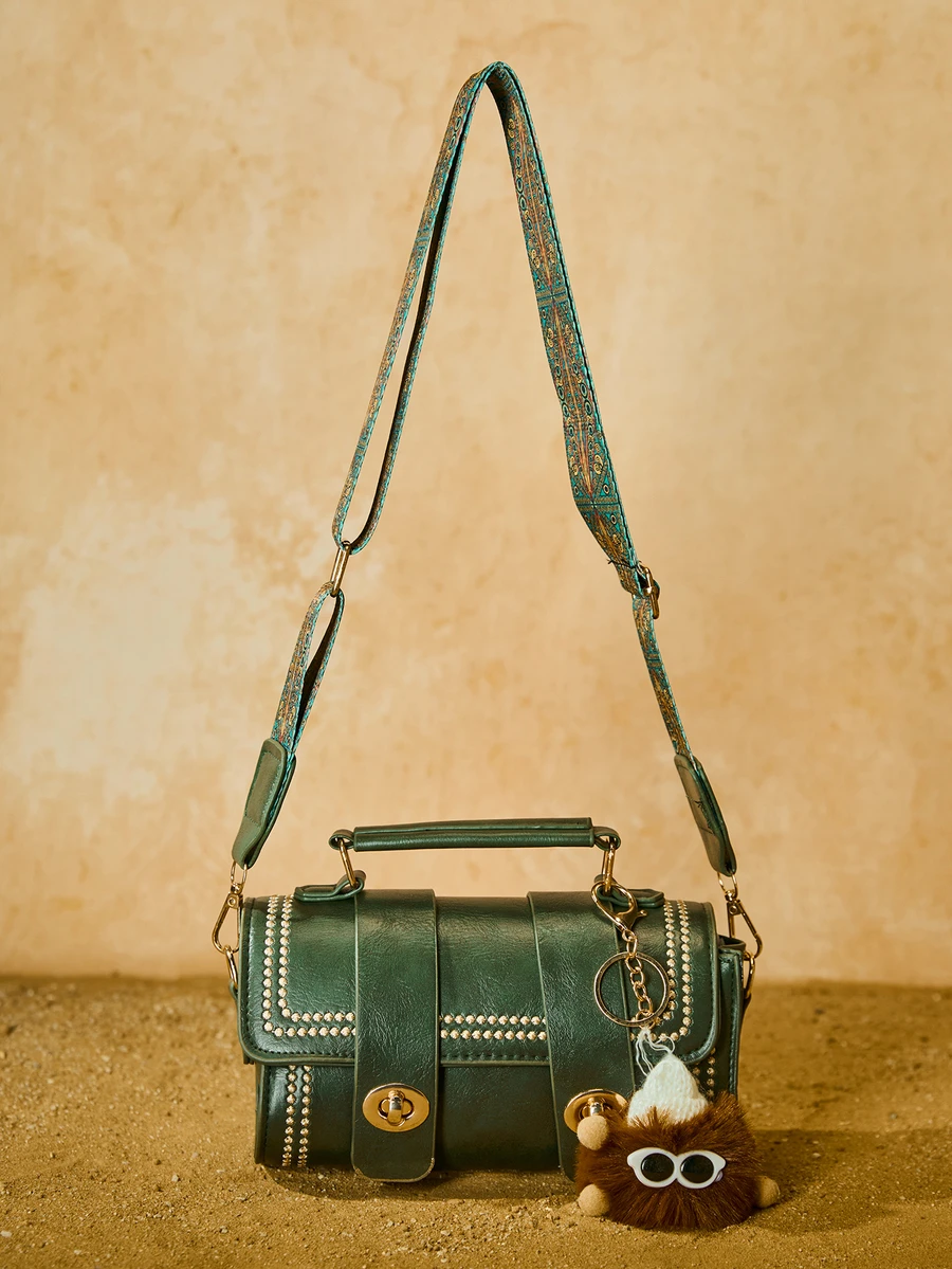 Tropiscape 1pc Retro Mini Barrel Handbag For Women, Daily Use (With Fur Decor) Gifts Cottagecore,SummerOutfit - Dark Green - View 1
