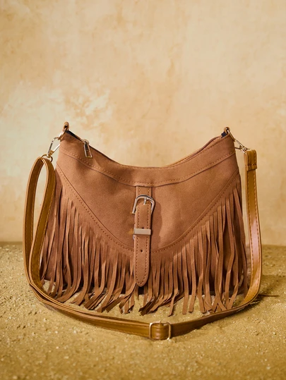 Tropiscape 1pc Brown PU Smooth Zipper Tassel Decor Fashionable Versatile Casual Crossbody Bag, Suitable For Women's Daily Use, Perfect For Rodeo Occasion Gifts