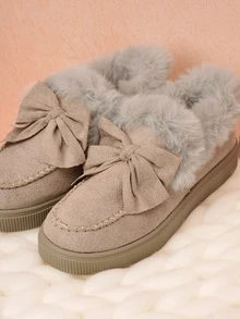 Hatastic 【跨境畅销】蝴蝶结羊毛雪地靴，仿兔毛内衬，保暖防滑，厚底设计，时尚百搭欧美风，秋冬女士圣诞礼物 - 灰色 - 查看 5