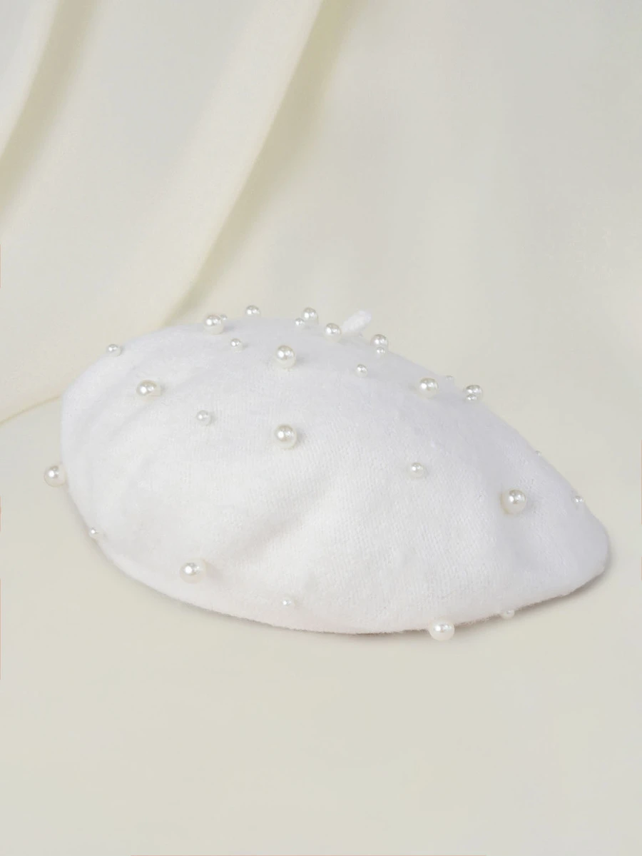 Clariva 优雅女士羊毛混纺仿珍珠装饰时尚贝雷帽，一件装，可作圣诞礼物或装饰品 - 白色 - 查看 1