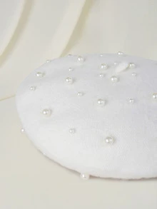 Clariva 优雅女士羊毛混纺仿珍珠装饰时尚贝雷帽，一件装，可作圣诞礼物或装饰品 - 白色 - 查看 3