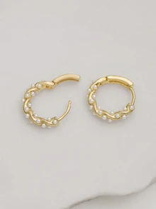 Clariva 1 đôi bông tai hợp kim đồng hình tròn sang trọng và ngọc trai giả dành cho nữ làm quà tặng Giáng sinh - Vàng - Xem 4