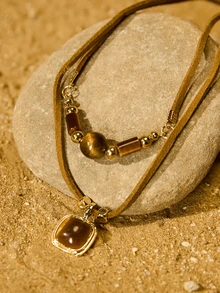 Tropiscape 1pc Tiger Eye Stone Pendant Multilayer Necklace For Women, Casual Versatile Day Wear Choker Necklace Gifts Cottagecore,SummerOutfit - Double Leather Chain - View 4