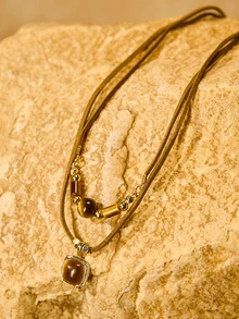 Tropiscape 1pc Tiger Eye Stone Pendant Multilayer Necklace For Women, Casual Versatile Day Wear Choker Necklace Gifts Cottagecore,SummerOutfit - Double Leather Chain - View 1