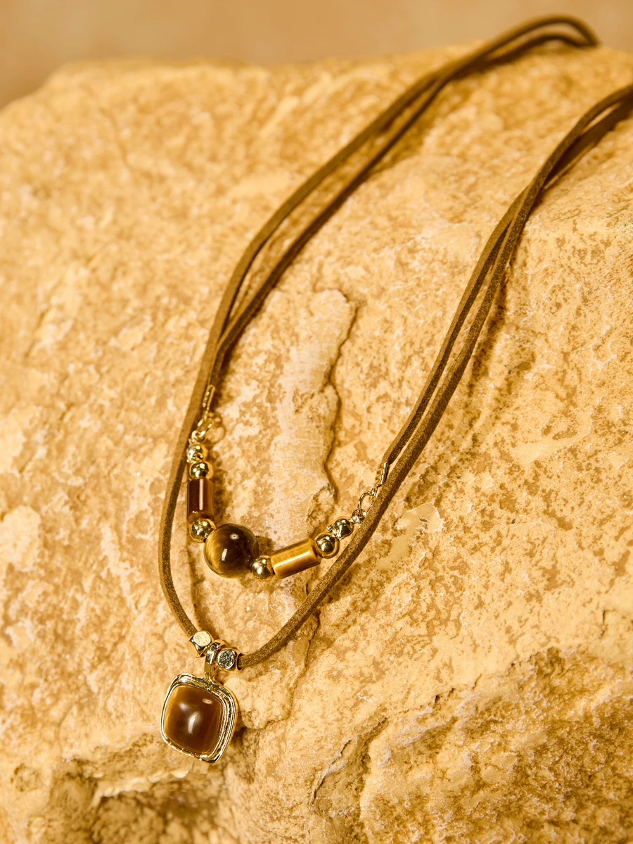 Tropiscape 1pc Tiger Eye Stone Pendant Multilayer Necklace For Women, Casual Versatile Day Wear Choker Necklace Gifts Cottagecore,SummerOutfit - Double Leather Chain - View 1