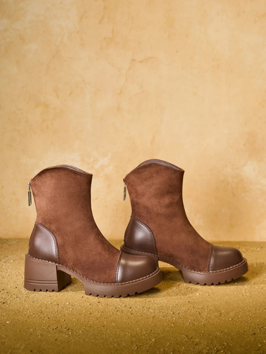 Tropiscape 优雅复古高跟短靴，2025秋冬新款时尚皮革麂皮拼接后拉链踝靴，经典踝靴/短靴，秋季百搭通勤时尚靴，圣诞礼物 - 棕色 - 查看 1
