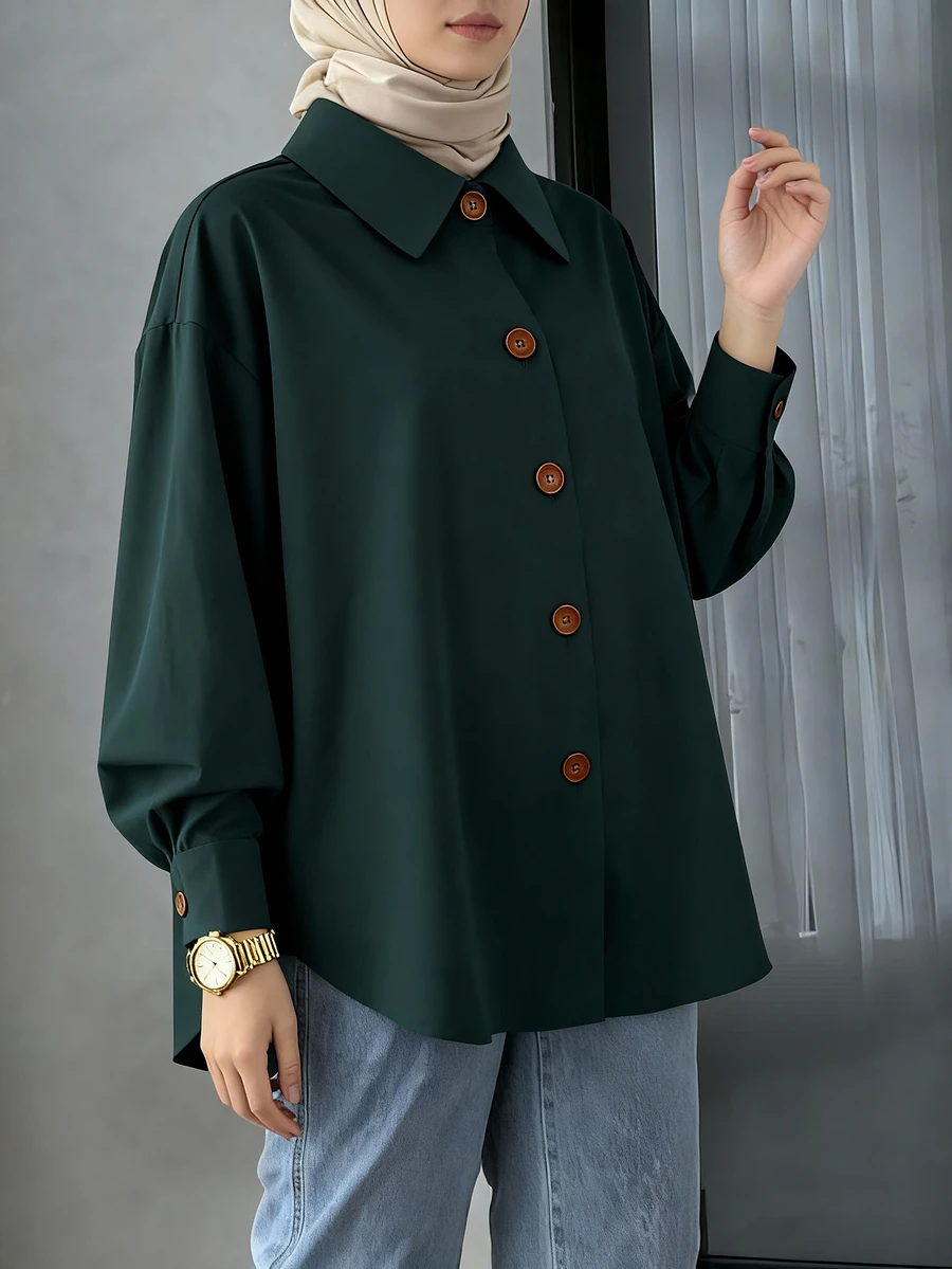 女式素雅长袖格子衬衫领前纽扣常规梭织面料上衣 - 綠色 - 查看 1