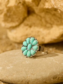 Tropiscape 5件套复古时尚精致波西米亚风叶子、花朵、几何图案和绿松石戒指套装，女士西式珠宝，情人节、妈妈、母亲节、圣诞节礼物 - 復古銀色 - 查看 2