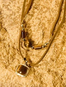 Tropiscape 1pc Tiger Eye Stone Pendant Multilayer Necklace For Women, Casual Versatile Day Wear Choker Necklace Gifts Cottagecore,SummerOutfit - Double Leather Chain - View 5