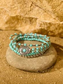 Tropiscape 5pcs/Set Cowgirl Style Vintage Turquoise Floral Beaded Bracelet Set, Suitable For Women Or Men Daily Wear Gifts Cottagecore,SummerOutfit - Vintage Flower Bracelet Set - View 3