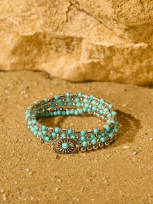 Tropiscape 5pcs/Set Cowgirl Style Vintage Turquoise Floral Beaded Bracelet Set, Suitable For Women Or Men Daily Wear Gifts Cottagecore,SummerOutfit - Vintage Flower Bracelet Set - View 4
