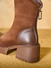 Tropiscape 优雅复古高跟短靴，2025秋冬新款时尚皮革麂皮拼接后拉链踝靴，经典踝靴/短靴，秋季百搭通勤时尚靴，圣诞礼物 - 棕色 - 查看 6