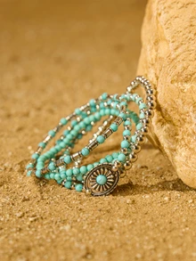 Tropiscape 5pcs/Set Cowgirl Style Vintage Turquoise Floral Beaded Bracelet Set, Suitable For Women Or Men Daily Wear Gifts Cottagecore,SummerOutfit - Vintage Flower Bracelet Set - View 5