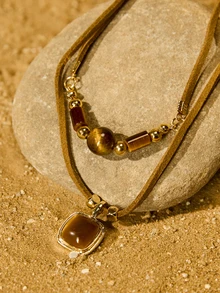 Tropiscape 1pc Tiger Eye Stone Pendant Multilayer Necklace For Women, Casual Versatile Day Wear Choker Necklace Gifts Cottagecore,SummerOutfit - Double Leather Chain - View 2