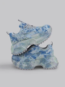 DareSee 2025春秋新款女士水钻厚底运动鞋，时尚ins风休闲跑步鞋，圣诞礼物 - 藍色 - 查看 1