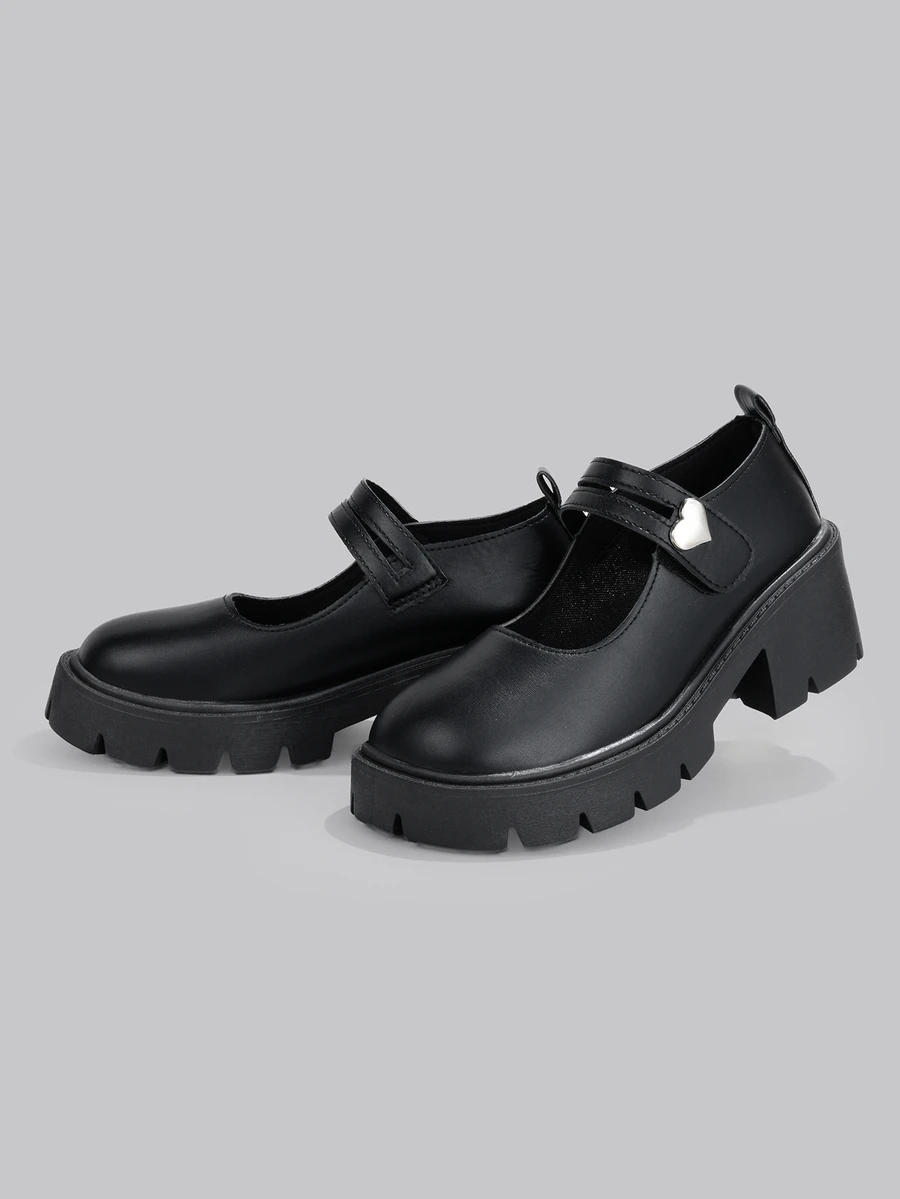 Foot Flair 女士玛丽珍厚底粗跟踝带 Y2K 哥特洛丽塔牛津鞋经典舒适校服正装鞋礼物音乐节 - 霧面黑色心形扣 - 查看 1