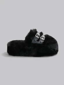 DareSee 2025 New Women's Winter Viral Thick Sole Closed Toe Fluffy Slippers, Women Autumn New Fairy Style Petite Slouchy Increasing Height Platform Khaki Slippers, Women Home Leather Buckle Furry Slippers Gifts - Black - View 3