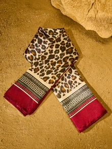 Tropiscape 1pc Women's 90CM Fashion Scarf With Leopard Print, Satin Square Bandana Headscarf, Spring/Summer Gifts Cottagecore,SummerOutfit - Burgundy - View 1