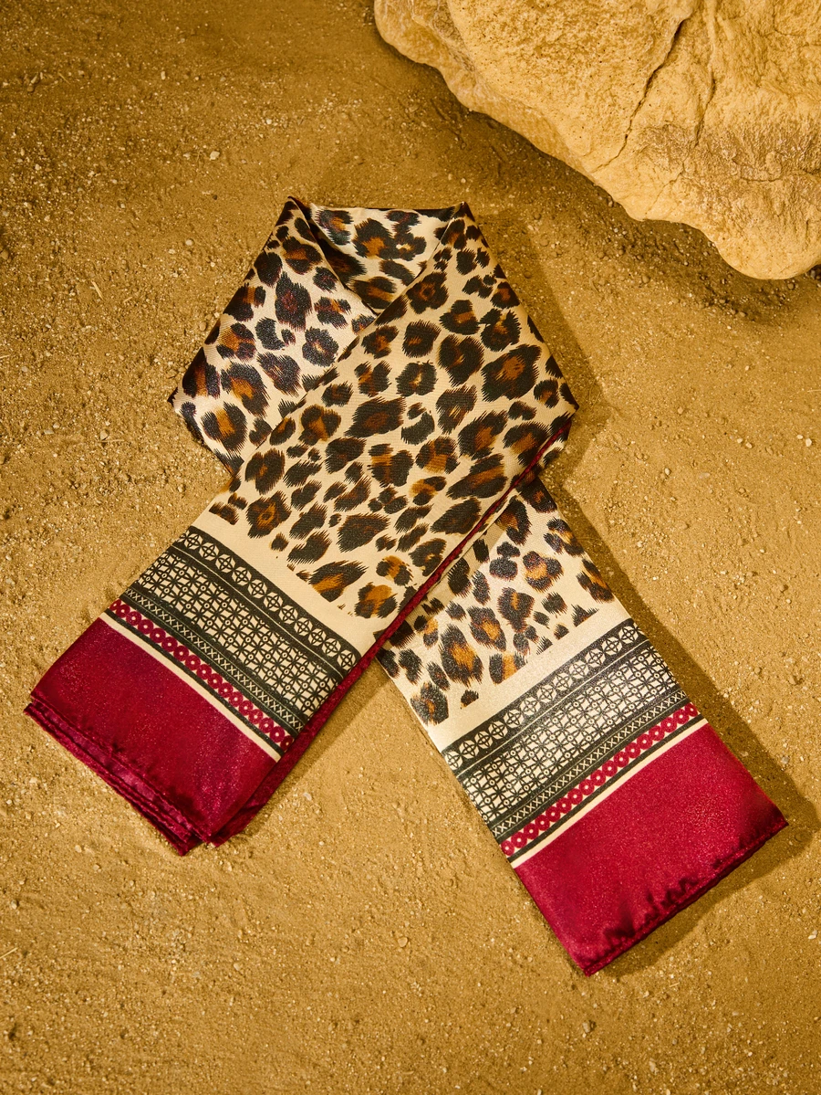 Tropiscape 1pc Women's 90CM Fashion Scarf With Leopard Print, Satin Square Bandana Headscarf, Spring/Summer Gifts Cottagecore,SummerOutfit - Burgundy - View 1