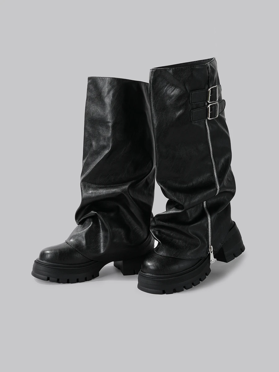 DareSee 秋冬新款女鞋，时尚圆头厚底过膝长靴，黑色、棕色、白色、米色百搭褶皱粗跟长靴，休闲翻边靴，舒适多场合百搭摩托车靴，舒适西部长筒骑马靴，圣诞礼物 - 黑色 - 查看 1