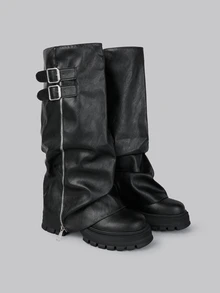 DareSee 秋冬新款女鞋，时尚圆头厚底过膝长靴，黑色、棕色、白色、米色百搭褶皱粗跟长靴，休闲翻边靴，舒适多场合百搭摩托车靴，舒适西部长筒骑马靴，圣诞礼物 - 黑色 - 查看 3