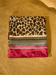 Tropiscape 1pc Women's 90CM Fashion Scarf With Leopard Print, Satin Square Bandana Headscarf, Spring/Summer Gifts Cottagecore,SummerOutfit - Burgundy - View 3