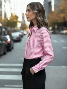 Chic Polyester Plaid Shirt Collar Blouse For Women With Long Regular Sleeves And Button Front Blouses For Women Tops Shirts - Red Stripes - View 2