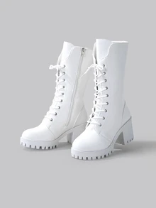 DareSee Lace-Up Thick Sole Knee-High Retro Riding Boots/ Boots For Women Gifts - White - View 1