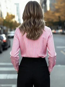 Chic Polyester Plaid Shirt Collar Blouse For Women With Long Regular Sleeves And Button Front Blouses For Women Tops Shirts - Red Stripes - View 3