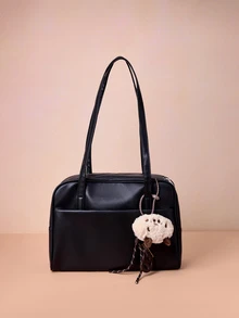 Hatastic 1个女士复古PU皮手提包，JK学院风女学生手提包，带娃娃吊坠，大容量单肩包，复古时尚设计，拉链封口，适合女性/学生/女学生通勤、购物、旅行、音乐节等场合，也是馈赠佳品。 - 黑色 - 查看 1