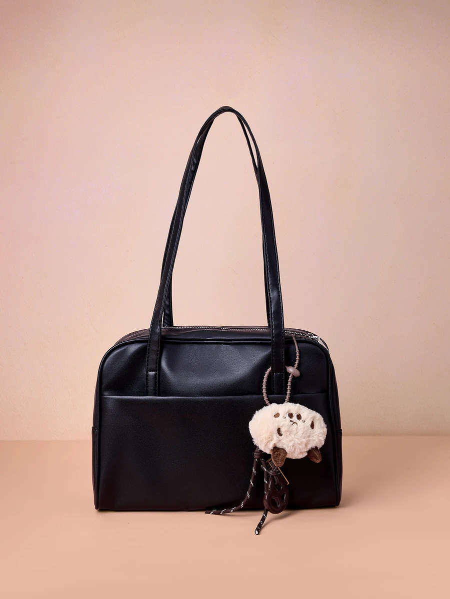 Hatastic 1个女士复古PU皮手提包，JK学院风女学生手提包，带娃娃吊坠，大容量单肩包，复古时尚设计，拉链封口，适合女性/学生/女学生通勤、购物、旅行、音乐节等场合，也是馈赠佳品。 - 黑色 - 查看 1