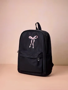 Hatastic 1件春季開學青年後背包，新季開學款休閒百搭可愛蝴蝶結精緻尼龍材質拉鍊封口書包，適合大學生、高中生、初中生、小學生，隨機印花、多口袋、輕便便攜、拉鍊包裝，畢業禮物，可愛蝴蝶結後背包，開學必備，大學必備禮物，音樂節適用 - 黑色 - 查看 2