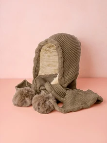 Hatastic 女士针织帽带围巾，可爱毛球护耳，厚实保暖，适合秋冬季节和圣诞节送礼 - 帽子 - 查看 3