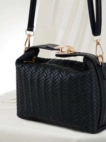 Clariva 1个迷你仿编织纹理压花盒形包，PU材质，可调节肩带，拉链斜挎包，时尚女士手提包，适合日常使用、约会、购物、工作等场合。 - 黑色 - 查看 4