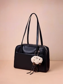 Hatastic 1个女士复古PU皮手提包，JK学院风女学生手提包，带娃娃吊坠，大容量单肩包，复古时尚设计，拉链封口，适合女性/学生/女学生通勤、购物、旅行、音乐节等场合，也是馈赠佳品。 - 黑色 - 查看 2