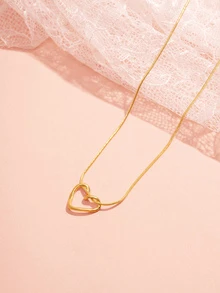 Hatastic 1件极简主义不锈钢链条镂空心形吊坠项链，精致心形设计颈链，女士圣诞礼物 - 金色鏤空愛心項鍊 - 查看 2